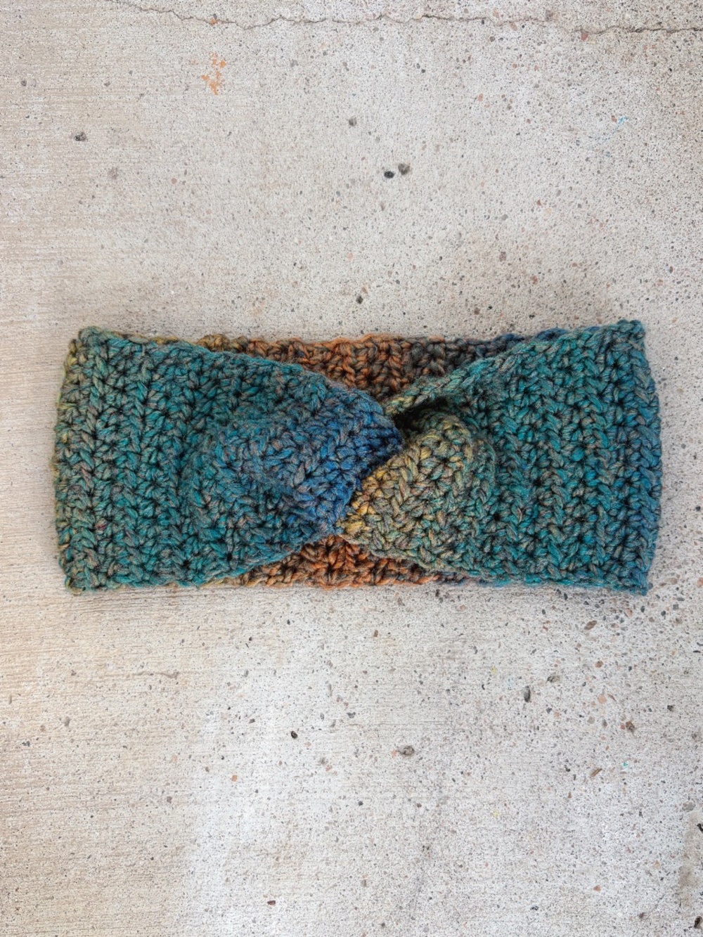 Handmade Crocheted Headband/Earwarmer with a Twist in Teal, Orange, and Gold